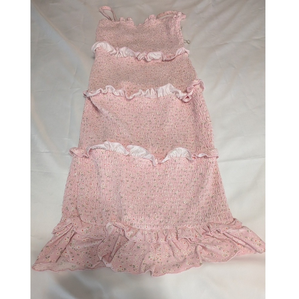 No Boundaries Smocked Midi Dress Womens Small Pink Floral Ruffle Tiered